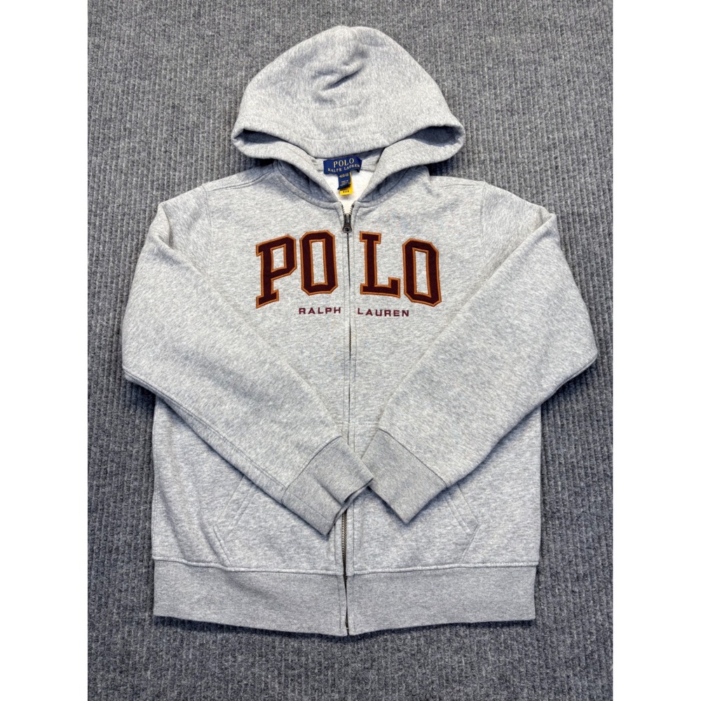 Polo Ralph Lauren Boys Heather Gray Full Zip Hoodie Varsity Logo Size M 10-12